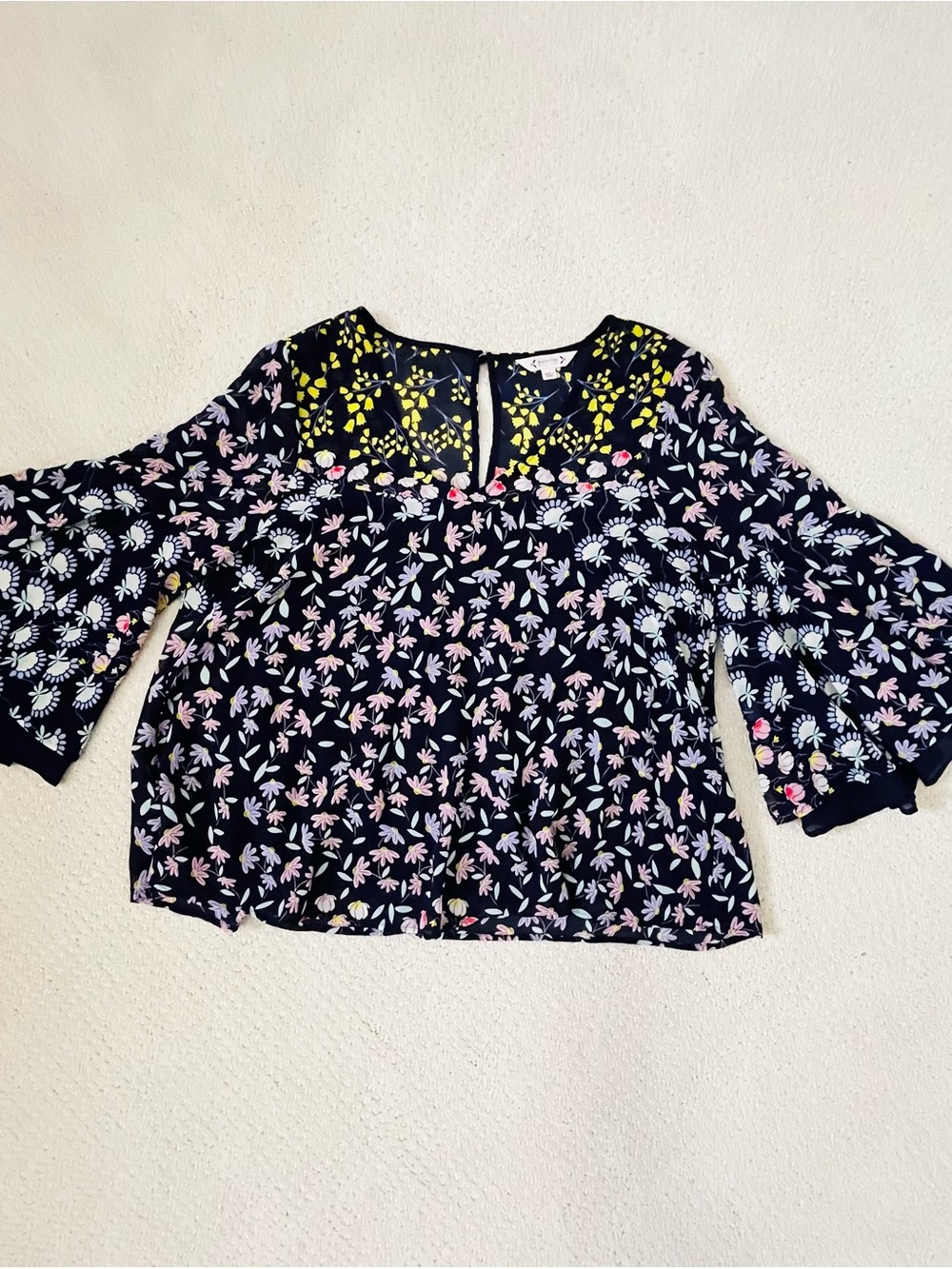 Nannette Lepore Navy Floral Flutter Sleeve Dress Top